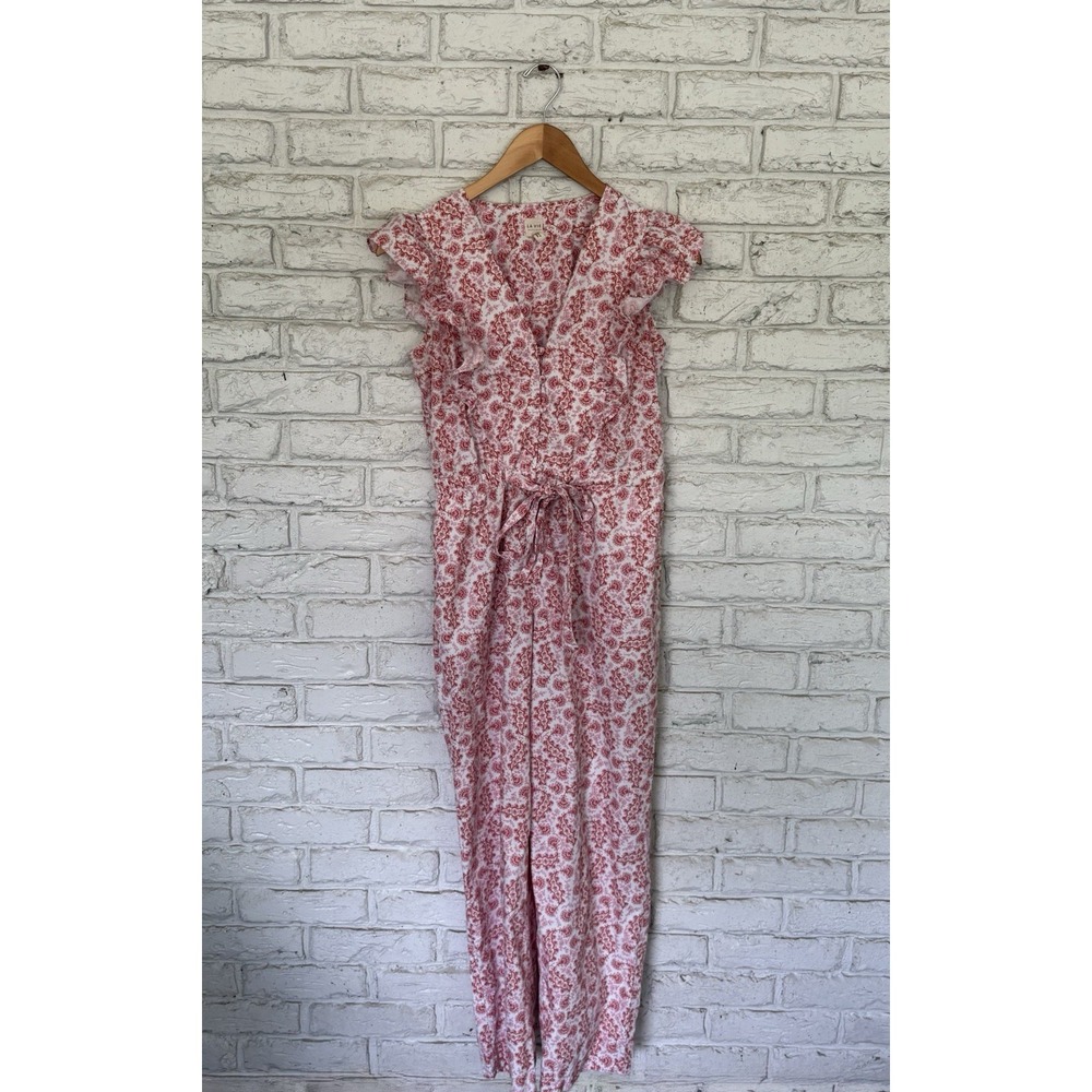 La Vie Rebecca‎ Taylor Wave Paisley  Tie Waist Jumpsuit White Pink Size Small